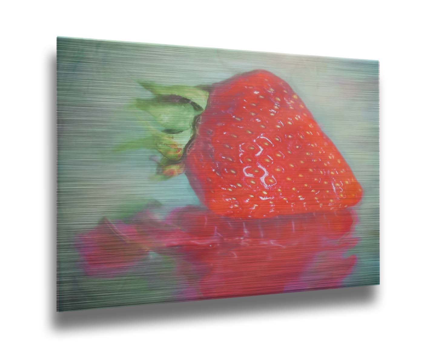 A photo of a strawberry sitting on a reflective surface. It is edited to have a painterly appearance. Printed on metal.