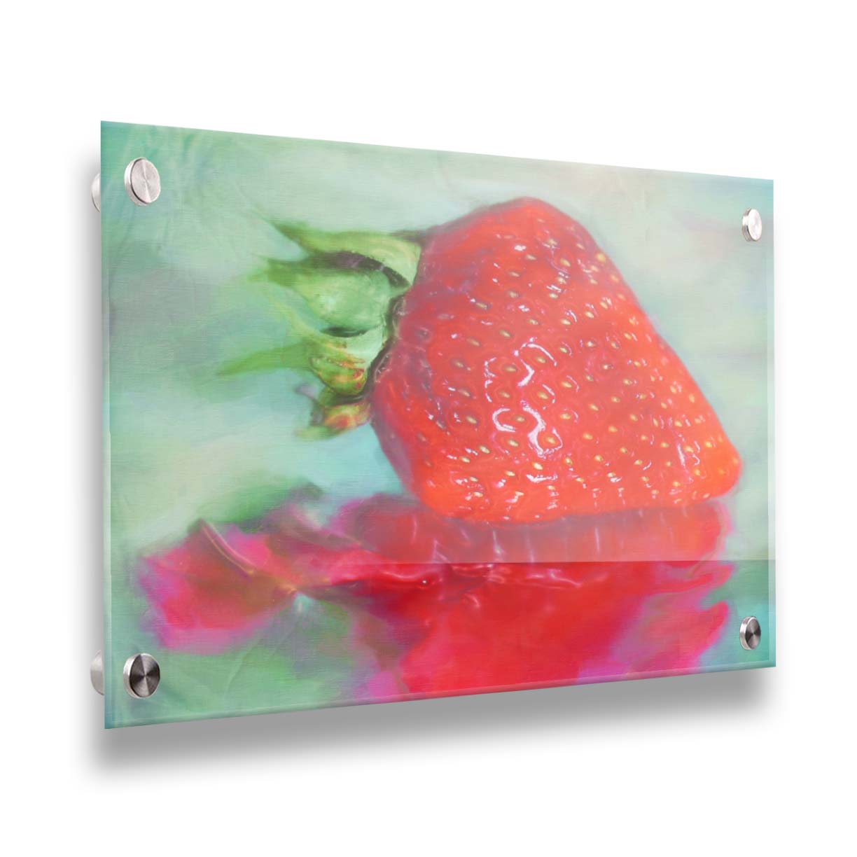 A photo of a strawberry sitting on a reflective surface. It is edited to have a painterly appearance. Printed on acrylic.