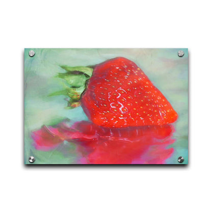 A photo of a strawberry sitting on a reflective surface. It is edited to have a painterly appearance. Printed on acrylic.