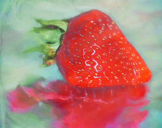 A photo of a strawberry sitting on a reflective surface. It is edited to have a painterly appearance.