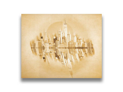 A fine art photo of the New York City skyline and its reflection, in a monochrome gold palette. Printed on canvas.