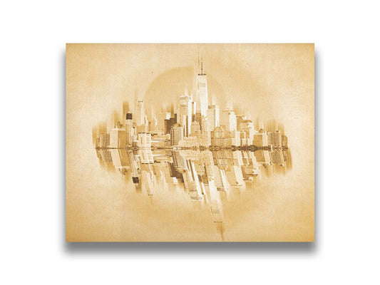 A fine art photo of the New York City skyline and its reflection, in a monochrome gold palette. Printed on canvas.