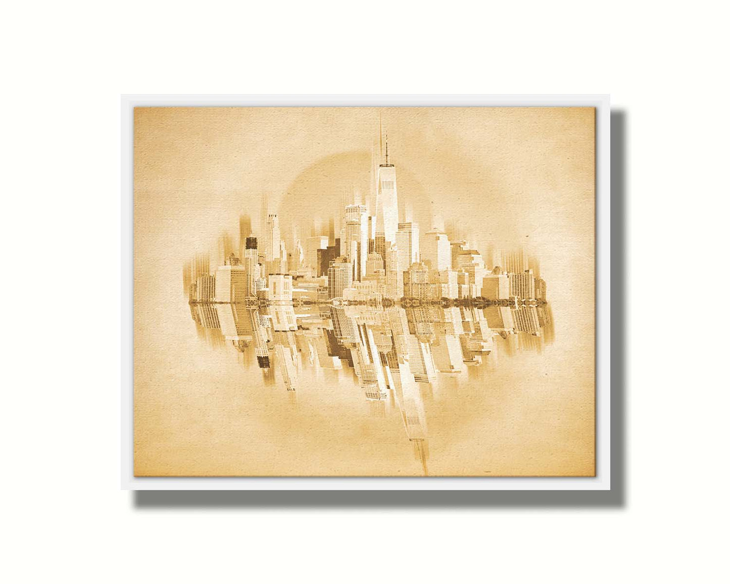 A fine art photo of the New York City skyline and its reflection, in a monochrome gold palette. Printed on canvas in a float frame.