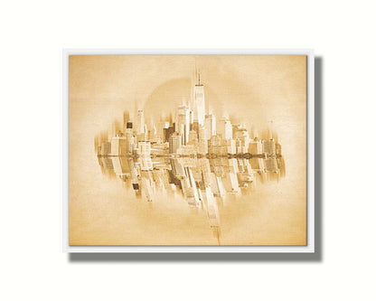 A fine art photo of the New York City skyline and its reflection, in a monochrome gold palette. Printed on canvas in a float frame.