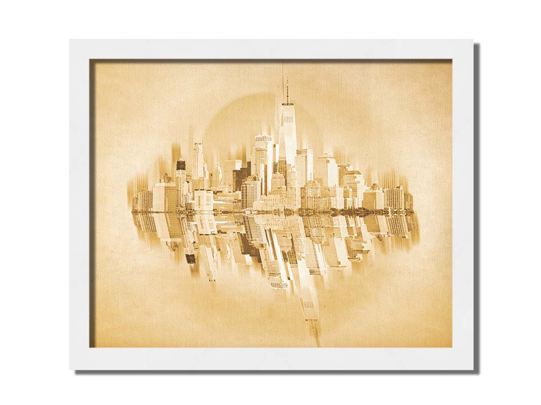 A fine art photo of the New York City skyline and its reflection, in a monochrome gold palette. Printed on canvas and framed.