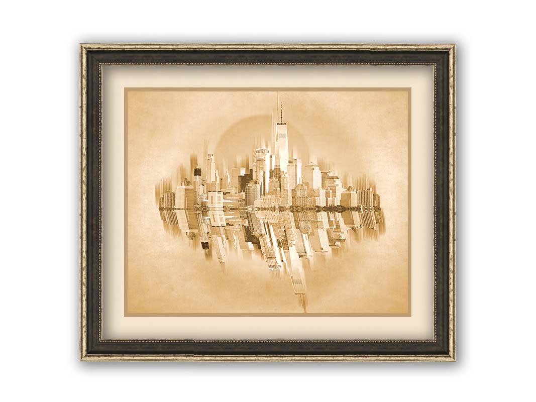 A fine art photo of the New York City skyline and its reflection, in a monochrome gold palette. Printed on paper, matted, and framed.