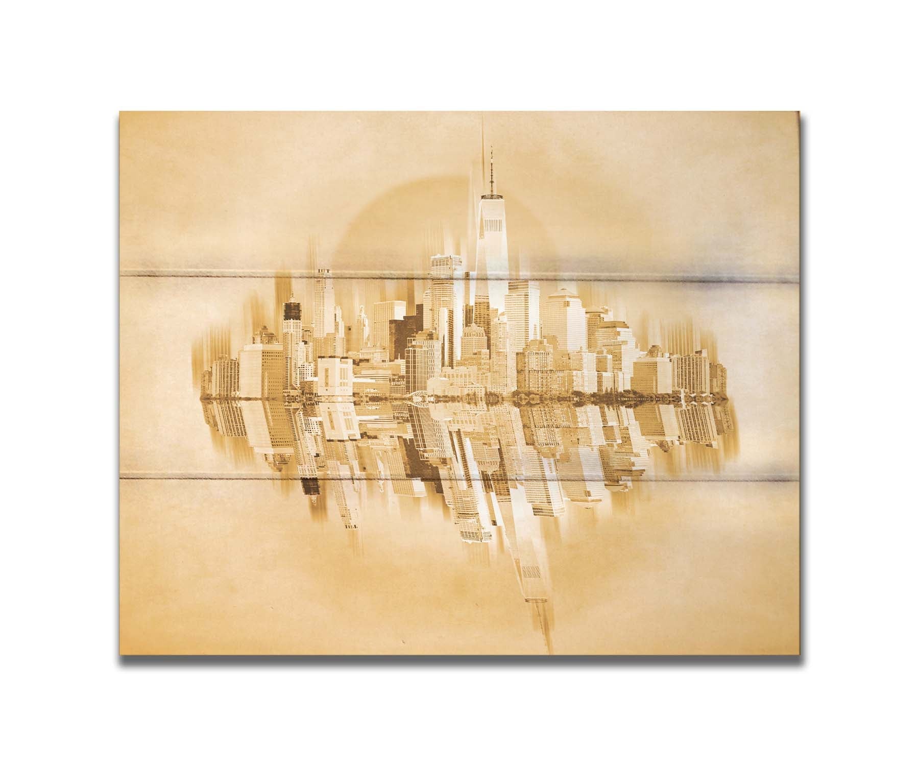 A fine art photo of the New York City skyline and its reflection, in a monochrome gold palette. Printed on a box board.