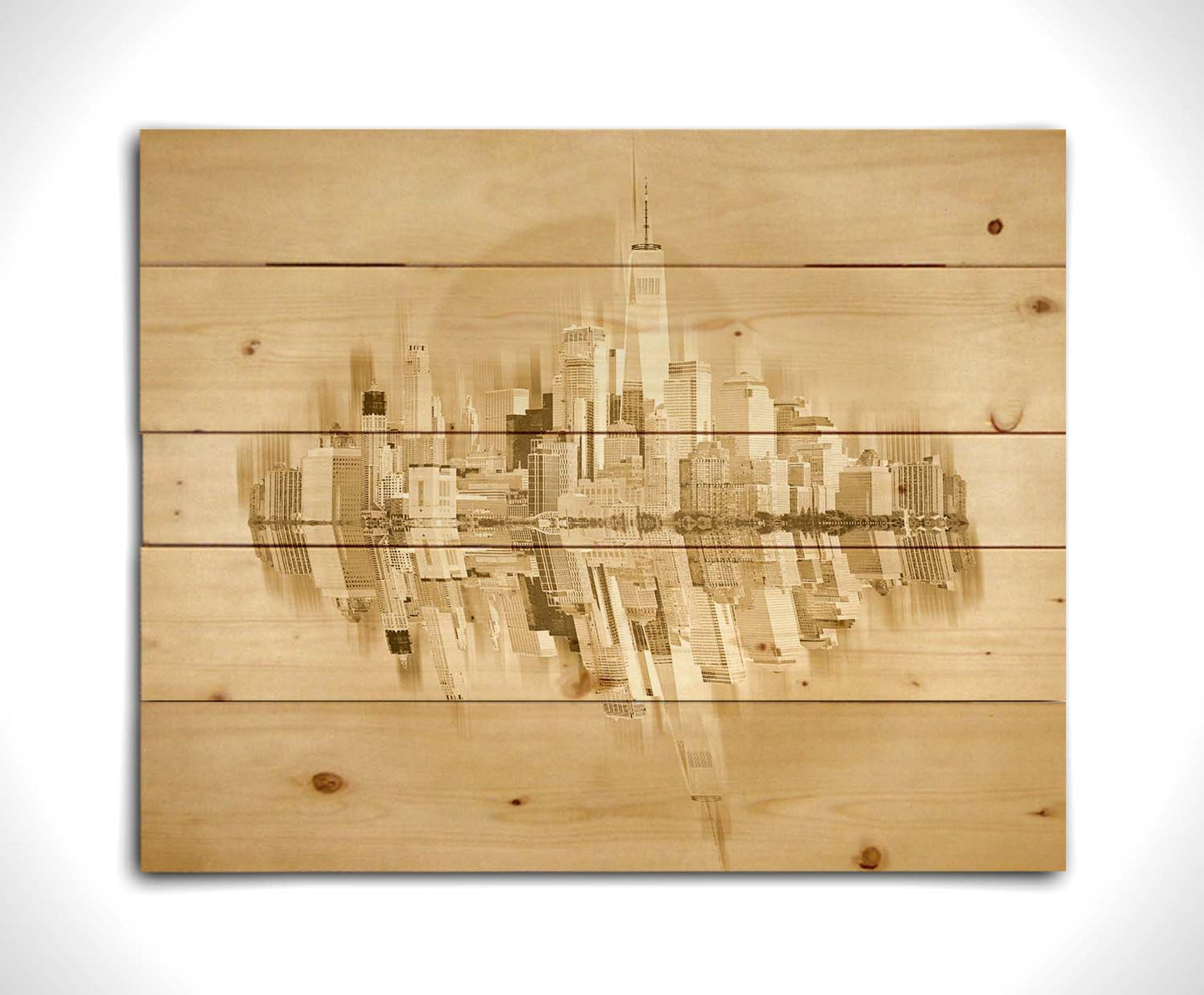 A fine art photo of the New York City skyline and its reflection, in a monochrome gold palette. Printed on a wood pallet.