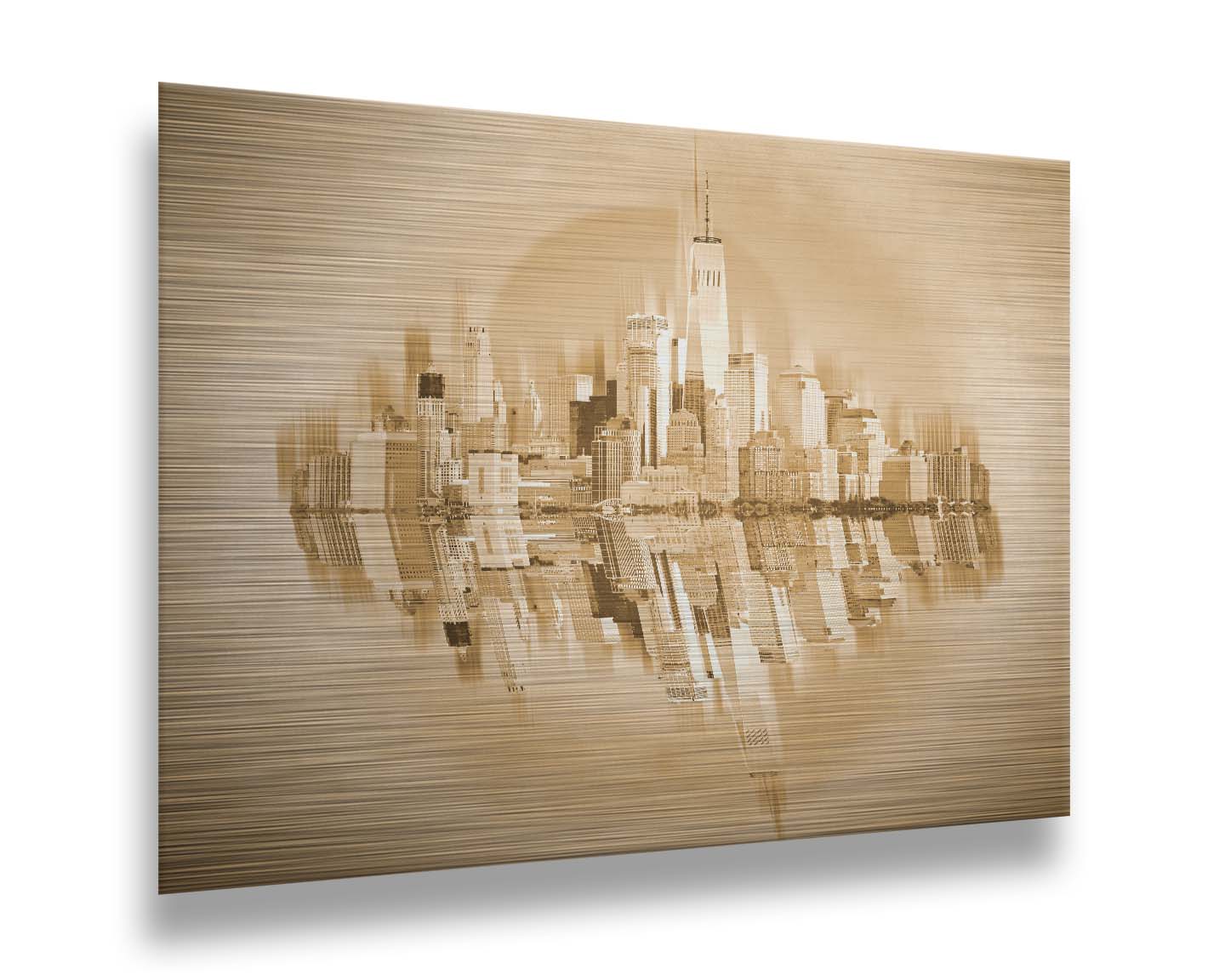 A fine art photo of the New York City skyline and its reflection, in a monochrome gold palette. Printed on metal.