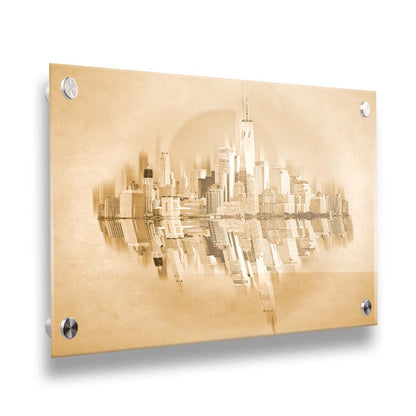 A fine art photo of the New York City skyline and its reflection, in a monochrome gold palette. Printed on acrylic.