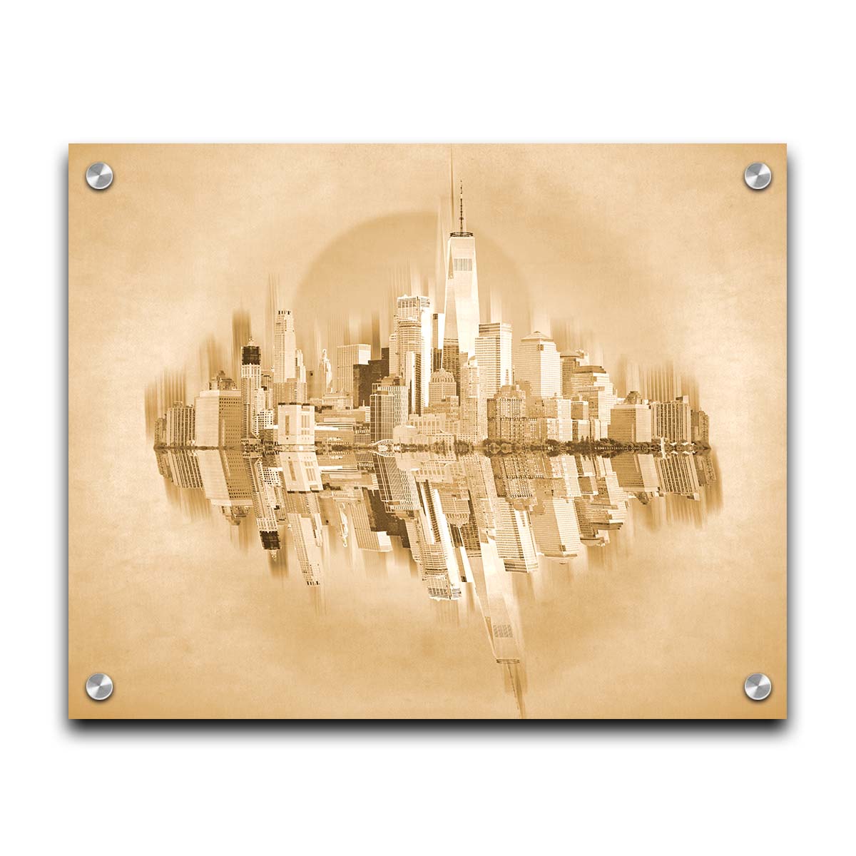 A fine art photo of the New York City skyline and its reflection, in a monochrome gold palette. Printed on acrylic.