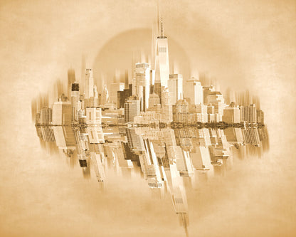 A fine art photo of the New York City skyline and its reflection, in a monochrome gold palette.