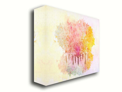 A watercolor-like photo composition depicting a grove of oak trees in a pink, white, and yellow color pallete. Printed on canvas.