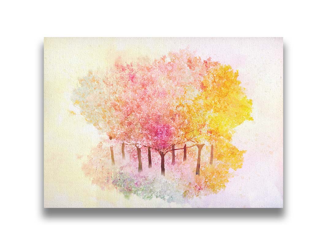 A watercolor-like photo composition depicting a grove of oak trees in a pink, white, and yellow color pallete. Printed on canvas.