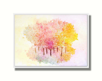 A watercolor-like photo composition depicting a grove of oak trees in a pink, white, and yellow color pallete. Printed on canvas in a float frame.