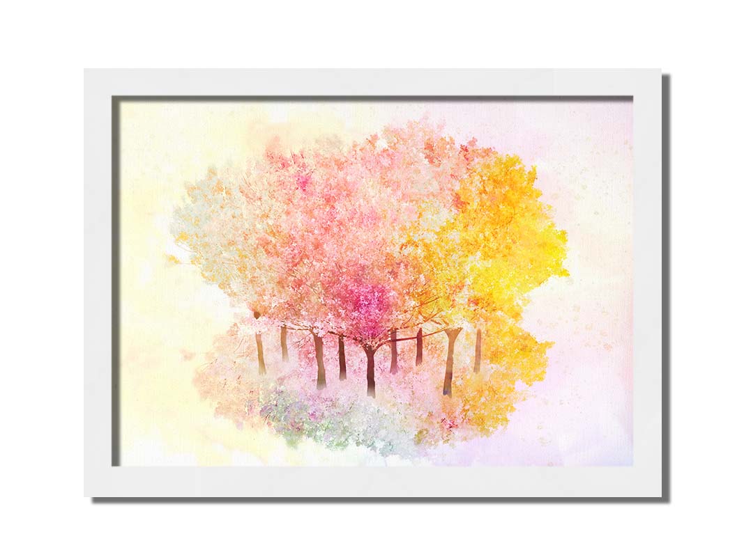 A watercolor-like photo composition depicting a grove of oak trees in a pink, white, and yellow color pallete. Printed on canvas and framed.