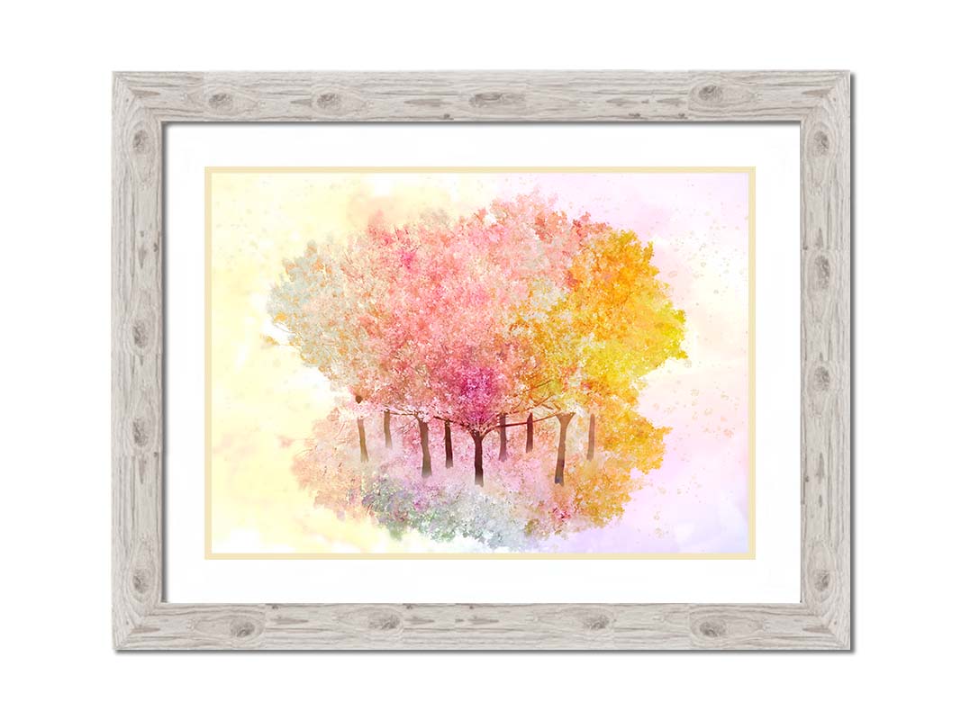 A watercolor-like photo composition depicting a grove of oak trees in a pink, white, and yellow color pallete. Printed on paper, matted, and framed.