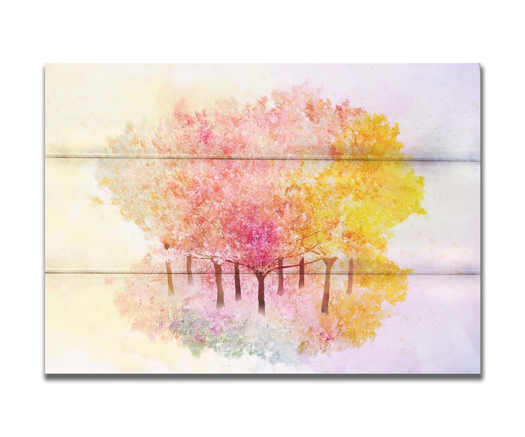 A watercolor-like photo composition depicting a grove of oak trees in a pink, white, and yellow color pallete. Printed on a box board.