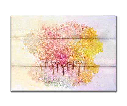 A watercolor-like photo composition depicting a grove of oak trees in a pink, white, and yellow color pallete. Printed on a box board.