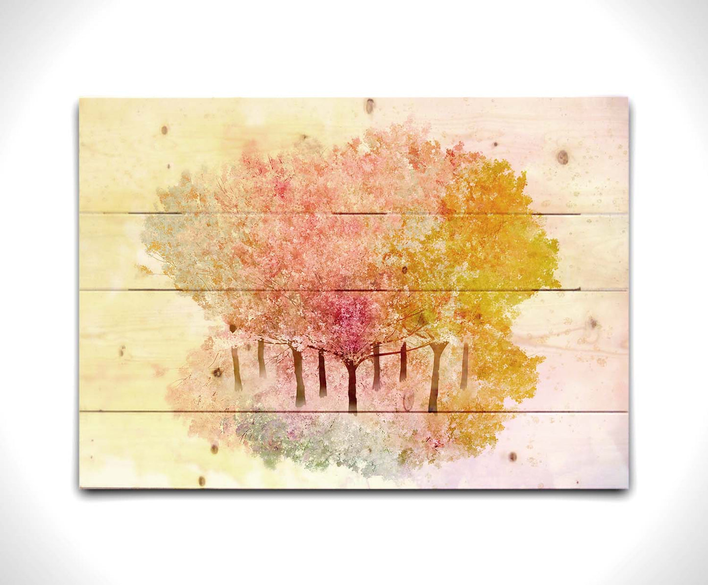 A watercolor-like photo composition depicting a grove of oak trees in a pink, white, and yellow color pallete. Printed on a wood pallet.