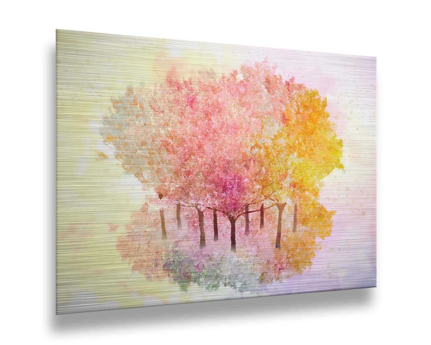 A watercolor-like photo composition depicting a grove of oak trees in a pink, white, and yellow color pallete. Printed on metal.