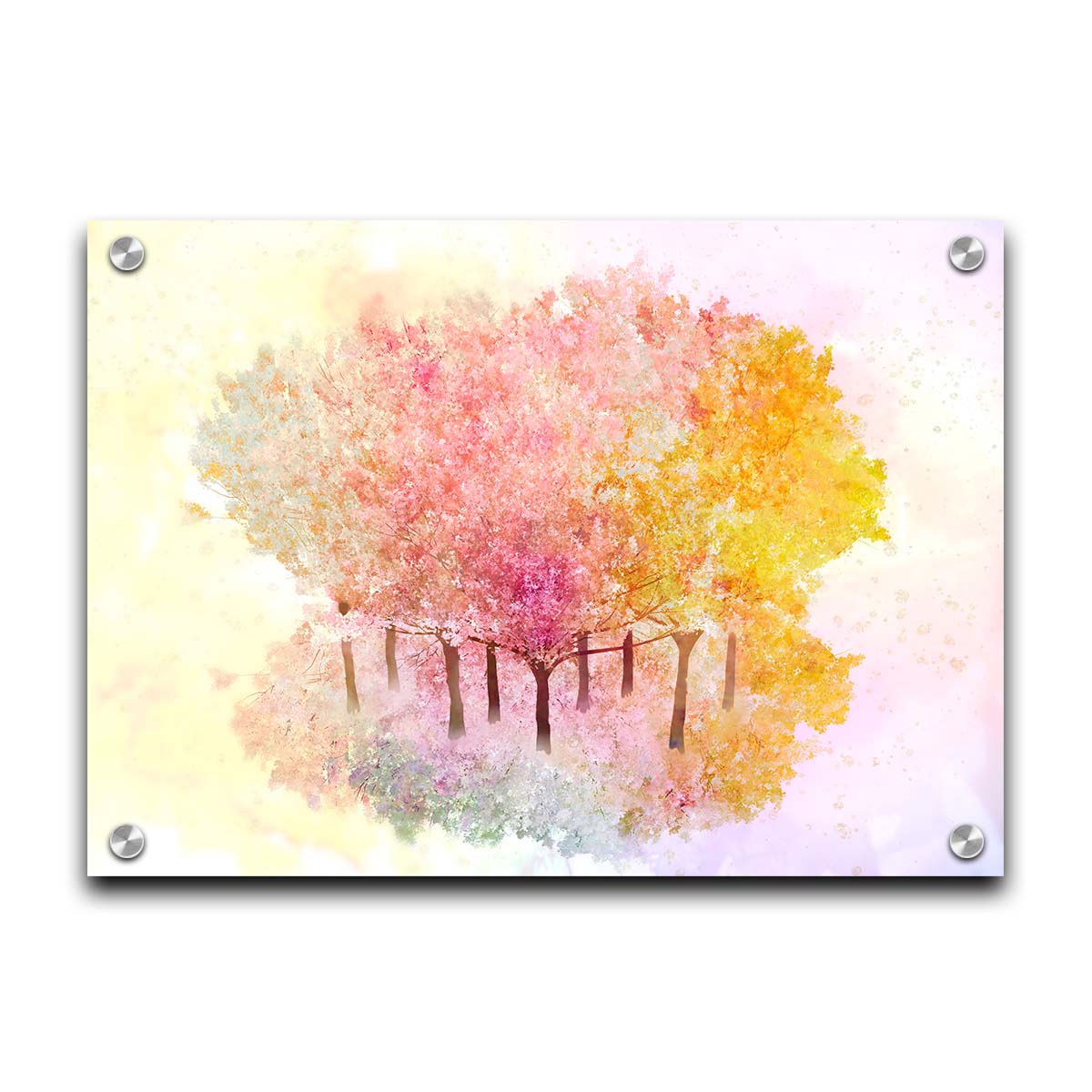 A watercolor-like photo composition depicting a grove of oak trees in a pink, white, and yellow color pallete. Printed on acrylic.