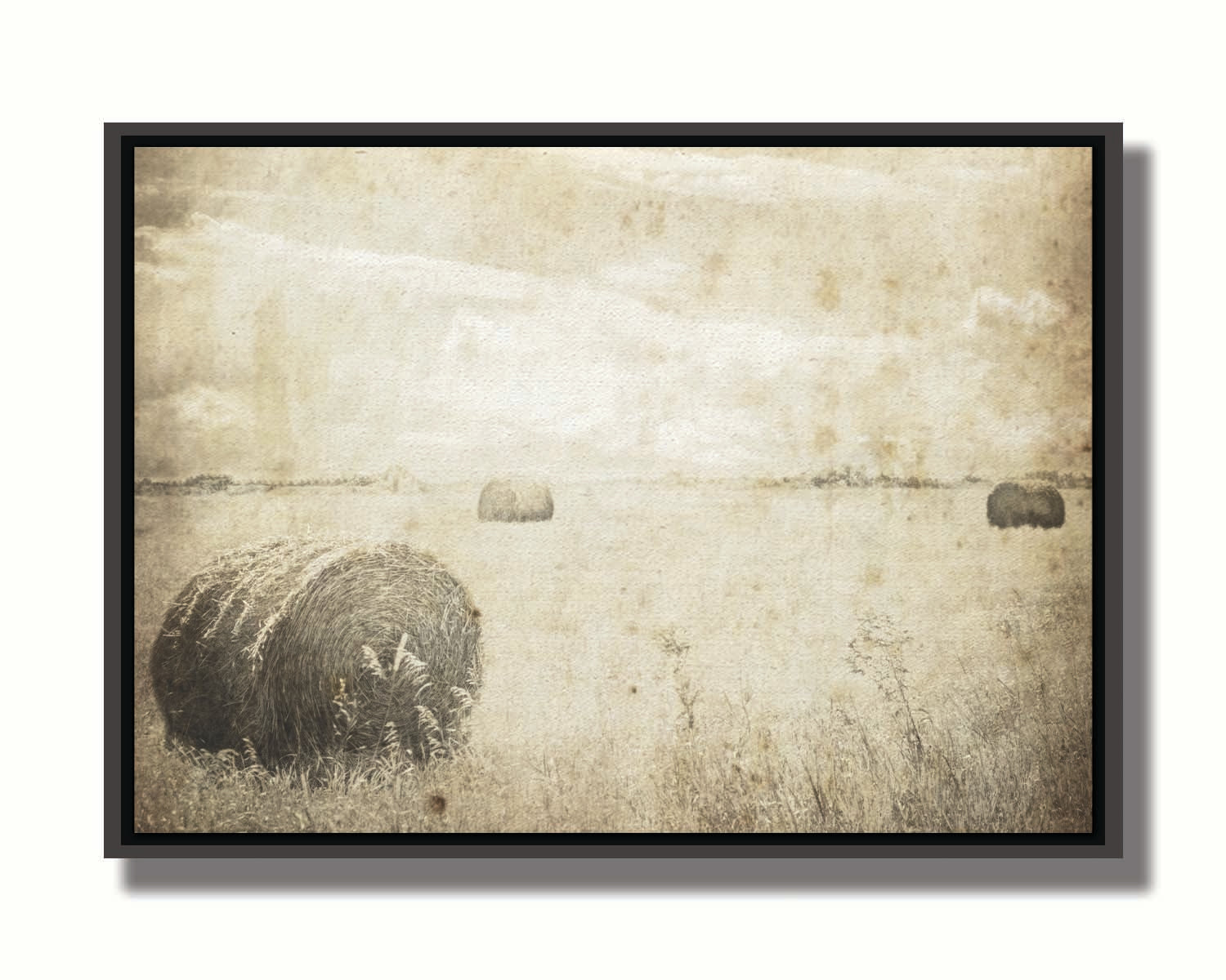 A sepia photo of a wide, open field with several hay bales. Printed on canvas in a float frame.