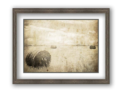 A sepia photo of a wide, open field with several hay bales. Printed on paper, matted, and framed.