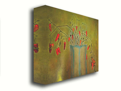 A photo of a pepper plant growing from a white and blue vase, edited with textures to add weathering. Printed on canvas.