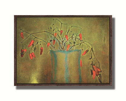 A photo of a pepper plant growing from a white and blue vase, edited with textures to add weathering. Printed on canvas in a float frame.