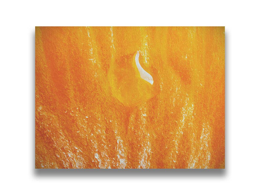 An extreme closeup photo of a drop of liquid on an orange. Printed on canvas.