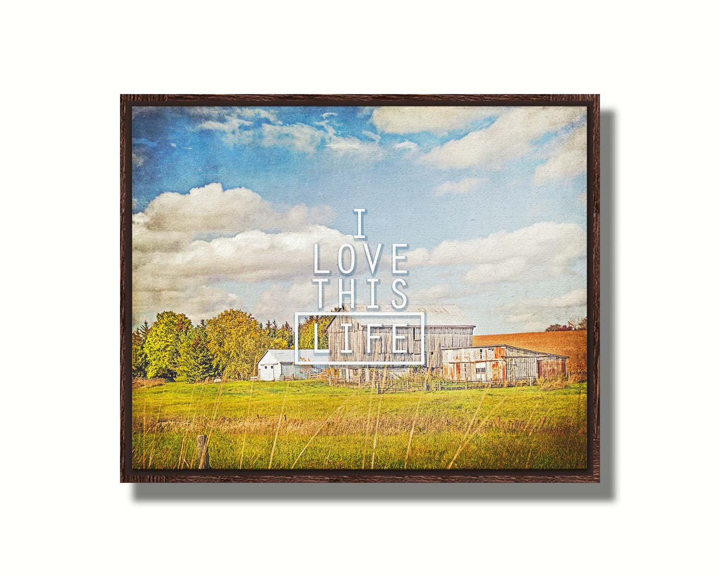 A photo of several barns, their associated pastures, and fields. The early signs of fall are present in the steadily changing leaves and crops. The sky above is wide, blue, and populated with fluffy clouds. It is overlaid with the phrase "I love this life." Printed on canvas in a float frame.