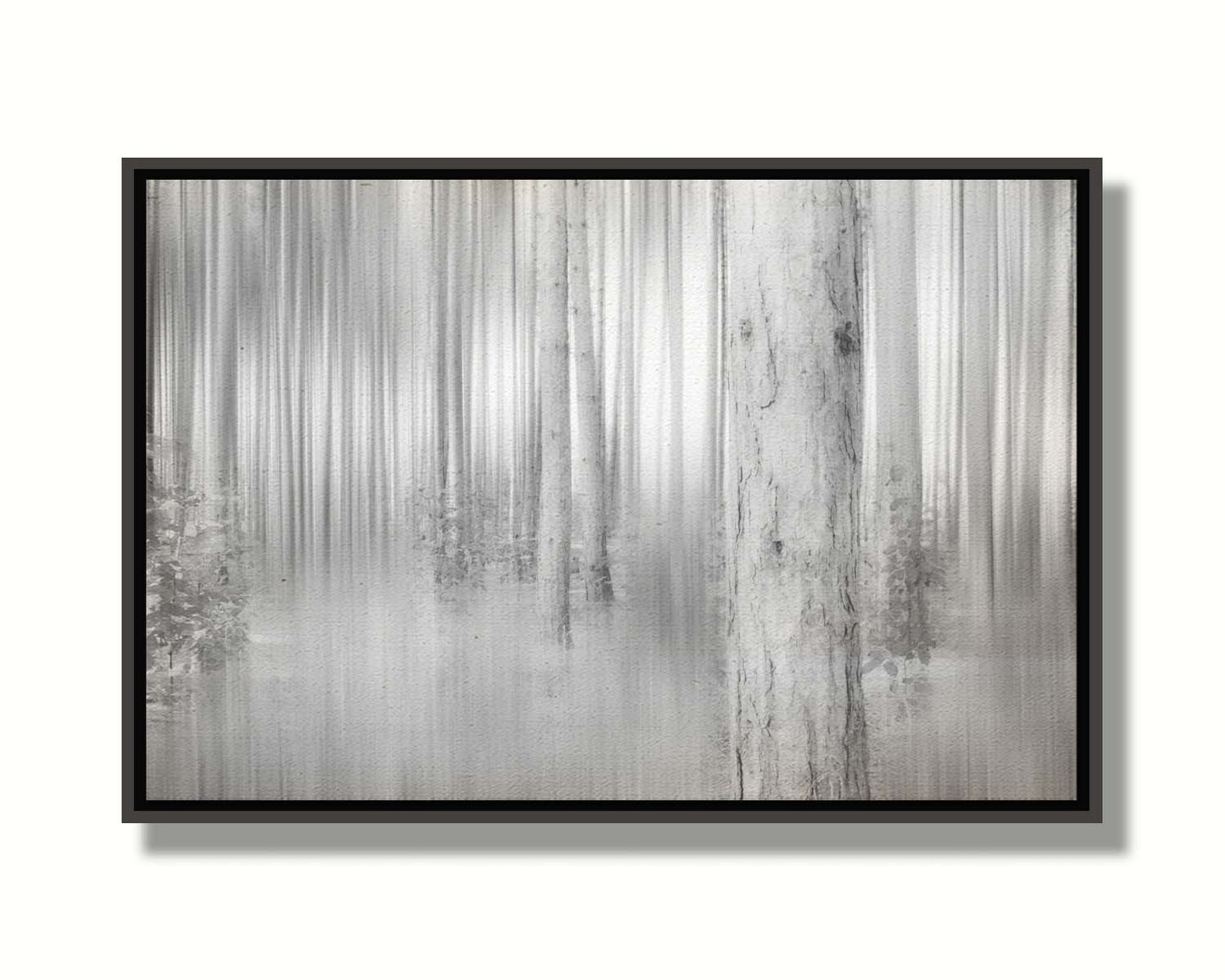 A grayscale photo of a forest of tree trunks, edited with a dramy blur that emphasizes the verticality of the trees. Printed on canvas in a float frame.