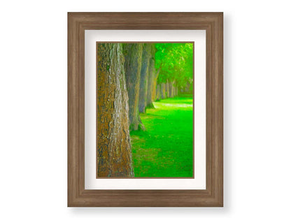 A bright green photo looking down a line of trees' trunks. Printed on paper, matted, and framed.