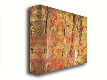 A photo of a forest of trees in fall, edited with a very graphic art style. Printed on canvas.