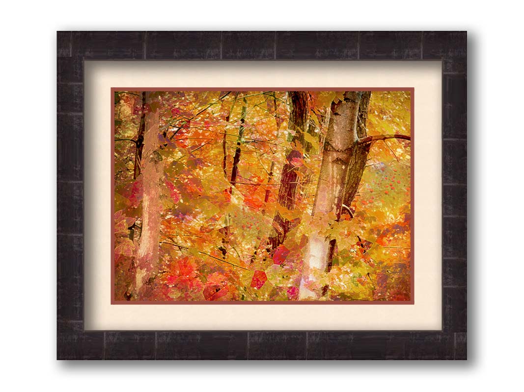 A photo of a forest of trees in fall, edited with a very graphic art style. Printed on paper, matted, and framed.