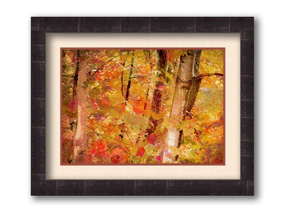 A photo of a forest of trees in fall, edited with a very graphic art style. Printed on paper, matted, and framed.