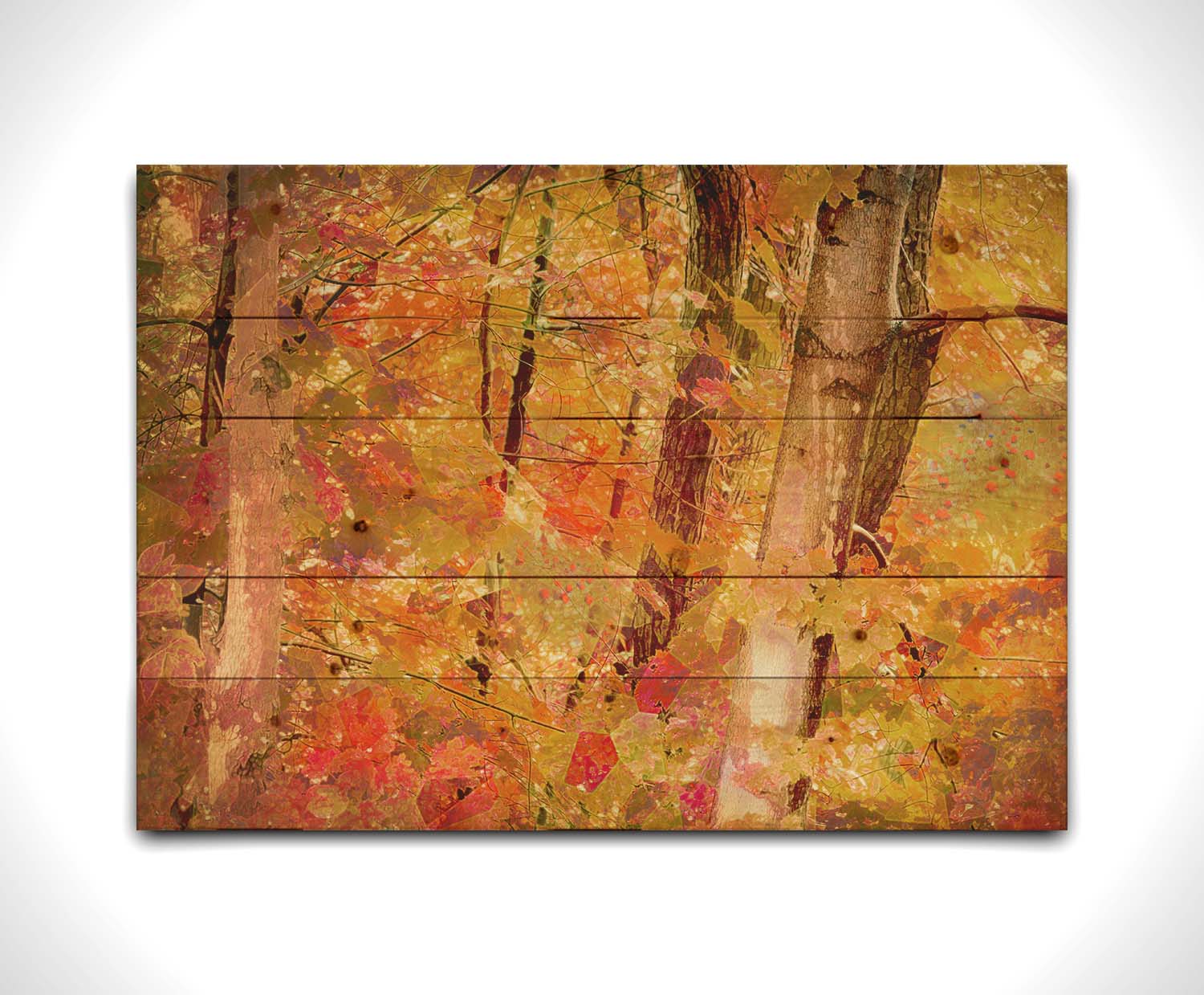 A photo of a forest of trees in fall, edited with a very graphic art style. Printed on a wood pallet.