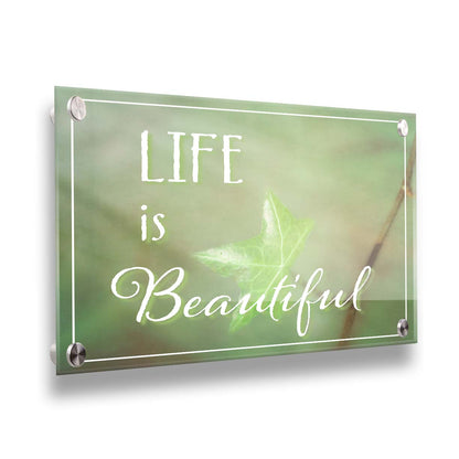 A photograph of a green leaf in soft lighting. The photo is overlaid with white text reading "life is beautiful". Printed on acrylic.