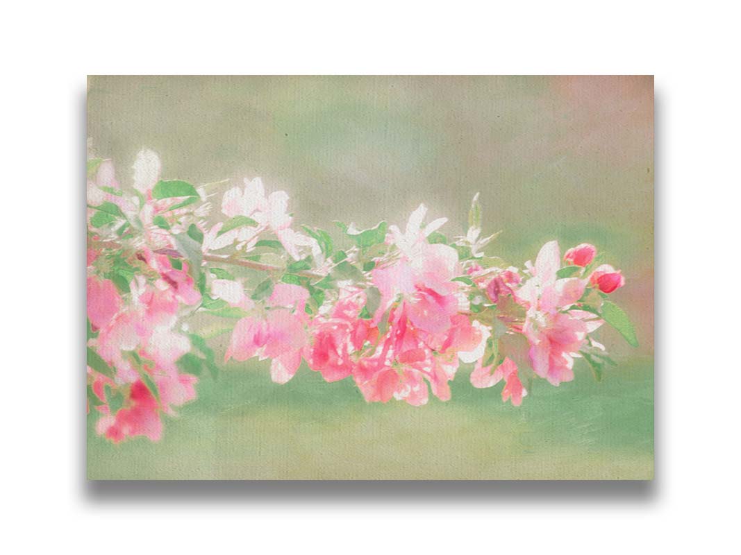 A photo of a pink stem of lilac flowers, the green background blurred in perspective. Printed on canvas.