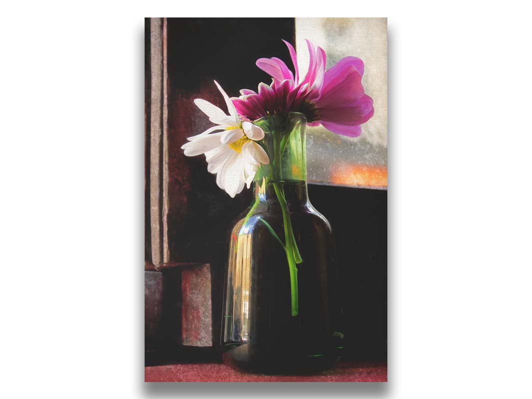 A photo of a few white and purple flowers in a vase, sitting by a window. Printed on canvas.