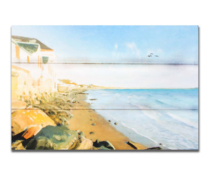 A photo of a beach lined with houses on a calm, sunny day.  Printed on a box board.