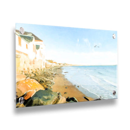 A photo of a beach lined with houses on a calm, sunny day.  Printed on acrylic.