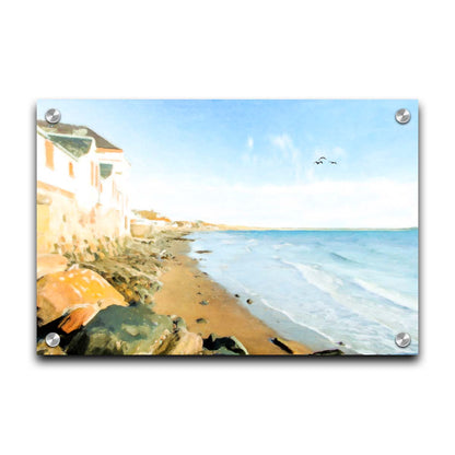 A photo of a beach lined with houses on a calm, sunny day.  Printed on acrylic.