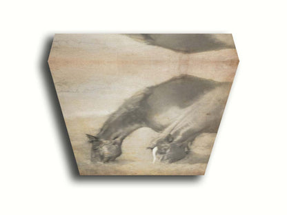 A sepia photo of two horses grazing, overlayed with weathered and stained textures. Printed on canvas.