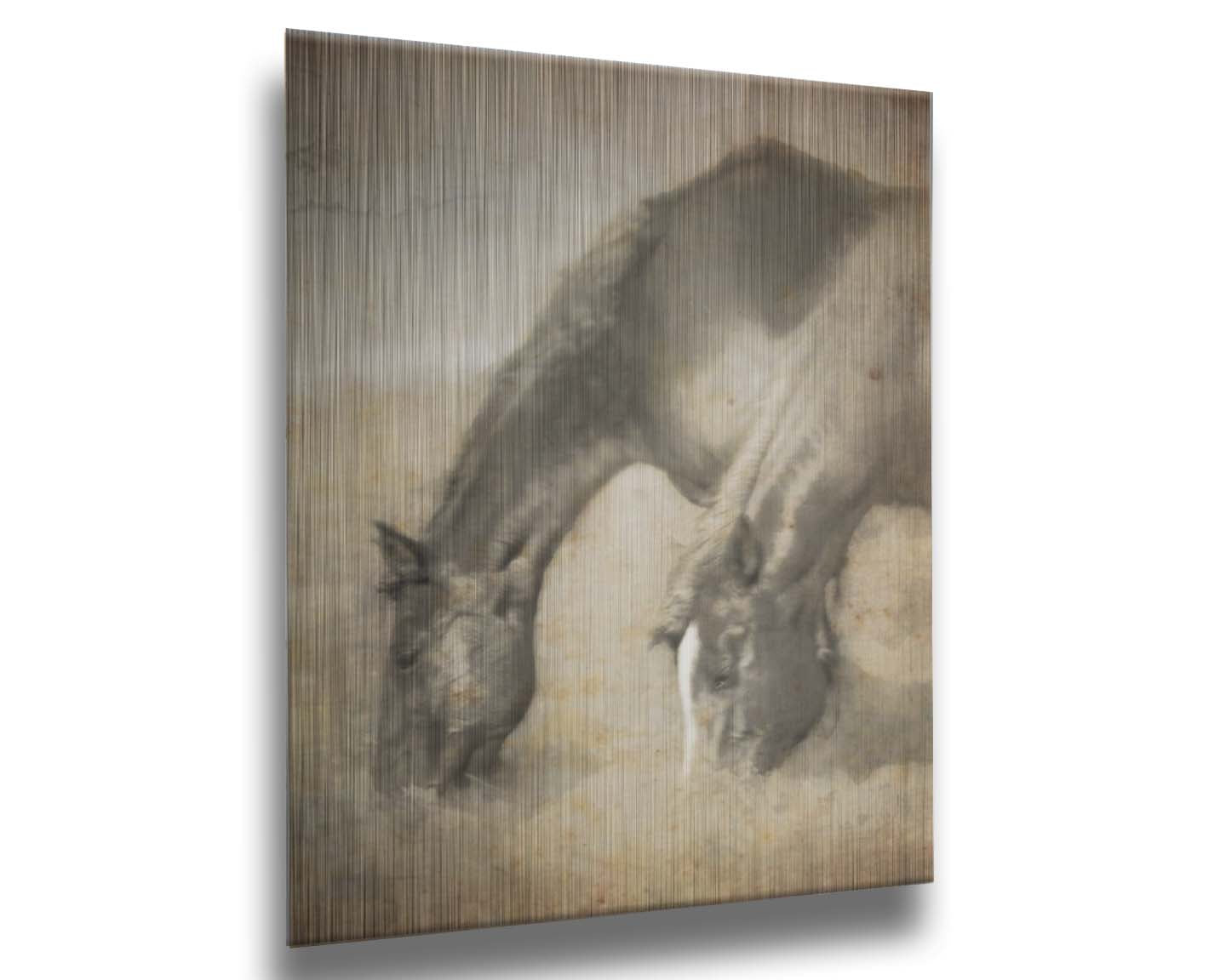 A sepia photo of two horses grazing, overlayed with weathered and stained textures. Printed on metal.