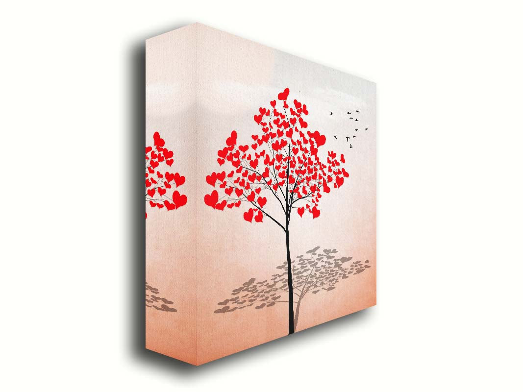 A graphic of a tree with red heart icons for leaves against a white and pink background. Printed on canvas.