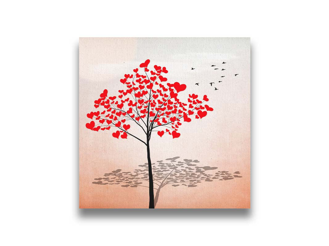 A graphic of a tree with red heart icons for leaves against a white and pink background. Printed on canvas.