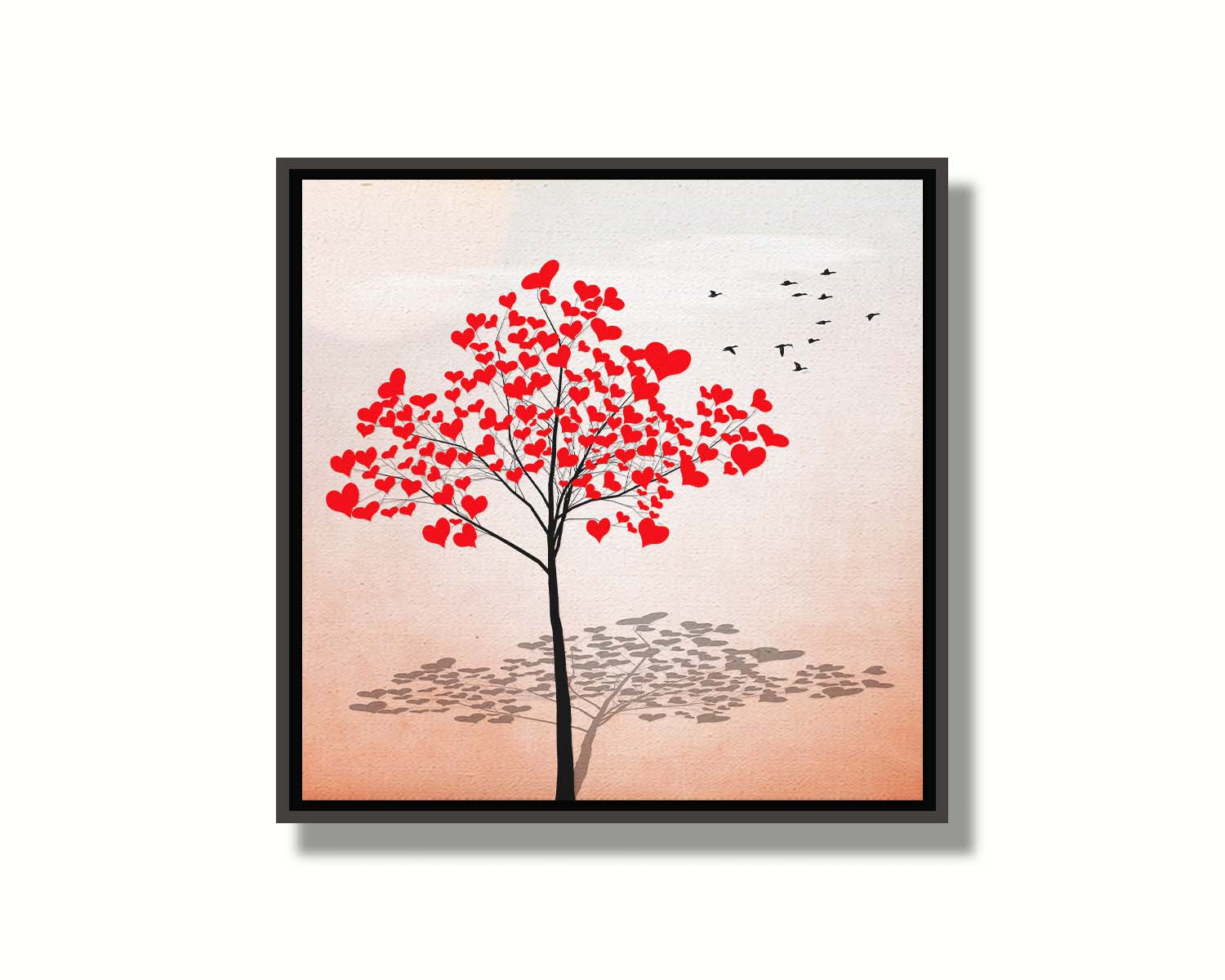 A graphic of a tree with red heart icons for leaves against a white and pink background. Printed on canvas in a float frame.