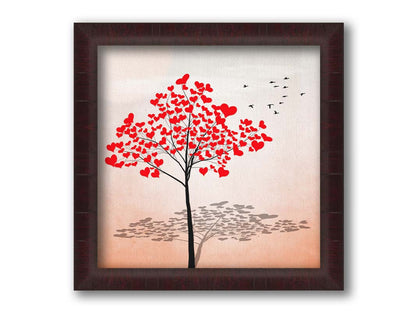 A graphic of a tree with red heart icons for leaves against a white and pink background. Printed on canvas and framed.